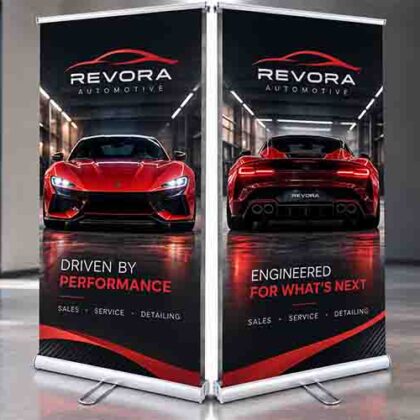 Double-sided roller banner showing custom printed branding on both display sides