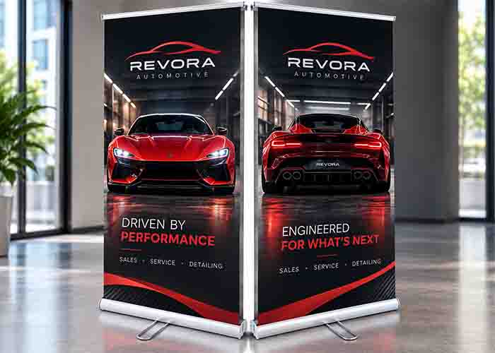 Double-sided roller banner showing custom printed branding on both display sides