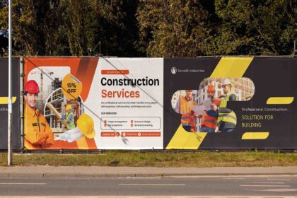 ustom Heras fencing banner installed on a Leicester construction site, full-colour PVC print with company branding and safety message