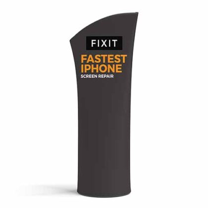Angled fabric banner stand with double-sided printed graphic