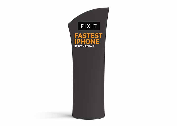 Angled fabric banner stand with double-sided printed graphic