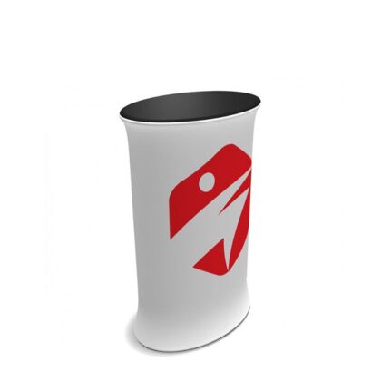 Oval Exhibition Counter UK with branded graphics on display