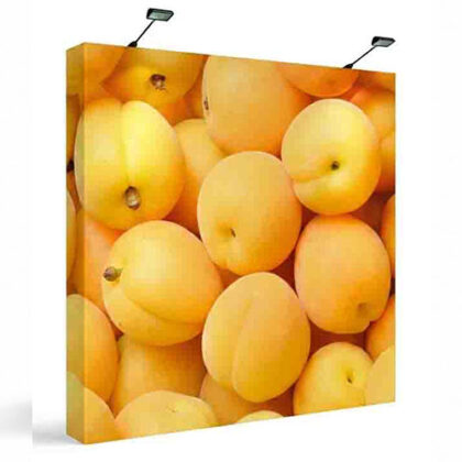 8ft straight fabric pop up exhibition display with printed graphic, wrap-around end caps and 2 led lights