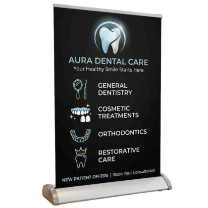 Mini roller banner for reception desk display in a dental clinic