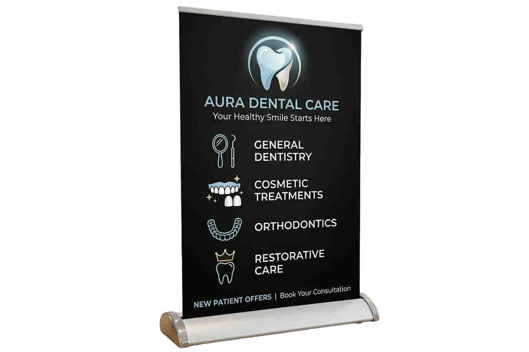 Mini roller banner for reception desk display in a dental clinic