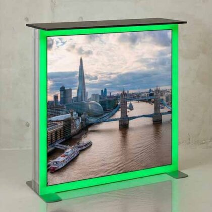 RGB LED Lightbox Counter for exhibitions with green illuminated frame