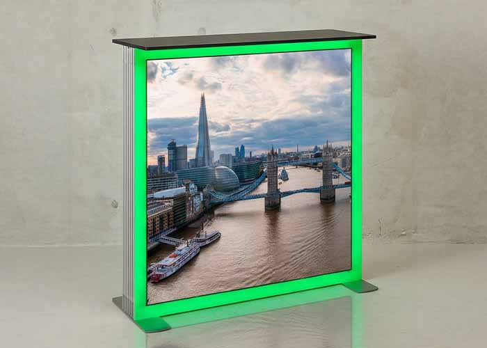 RGB LED Lightbox Counter for exhibitions with green illuminated frame
