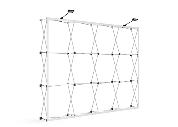 10ft straight fabric pop up exhibition display with printed graphic, wrap-around end caps and two LED lights