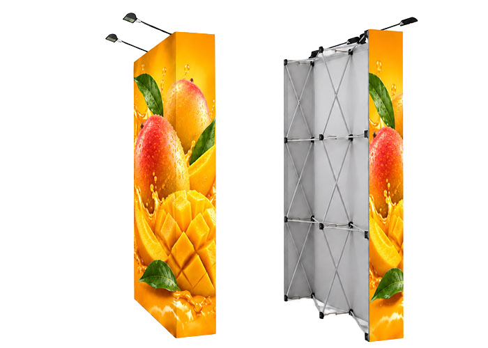 5ft straight fabric pop up exhibition display showing printed wrap-around end caps, collapsible frame and LED lights