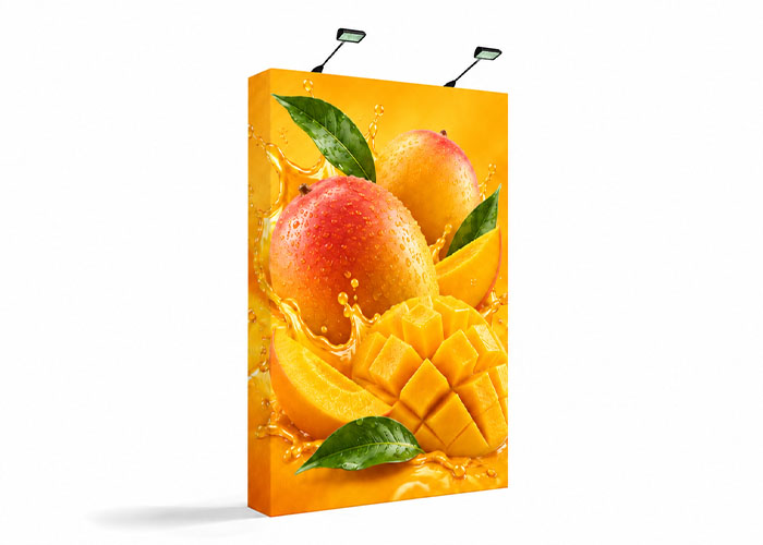 5ft straight fabric pop up exhibition display with printed graphic, wrap-around end caps and two LED lights.
