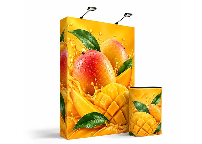 5ft straight fabric pop up exhibition display with printed wrap-around end caps, two LED lights and matching branded exhibition counter