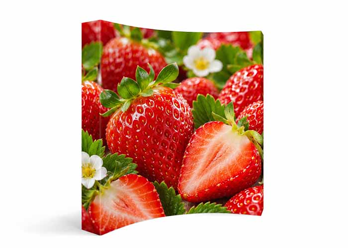 8ft curved fabric pop up exhibition display with printed graphic and wrap-around end caps
