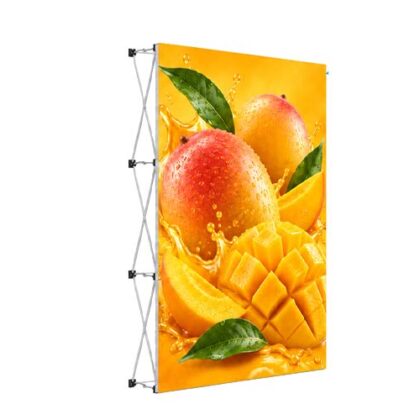 Pop-up exhibition display stand with replaceable fabric graphic, wraparound printed end caps, Velcro attachment system and exposed collapsible frame.