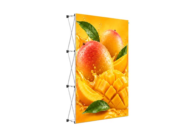 Pop-up exhibition display stand with replaceable fabric graphic, wraparound printed end caps, Velcro attachment system and exposed collapsible frame.